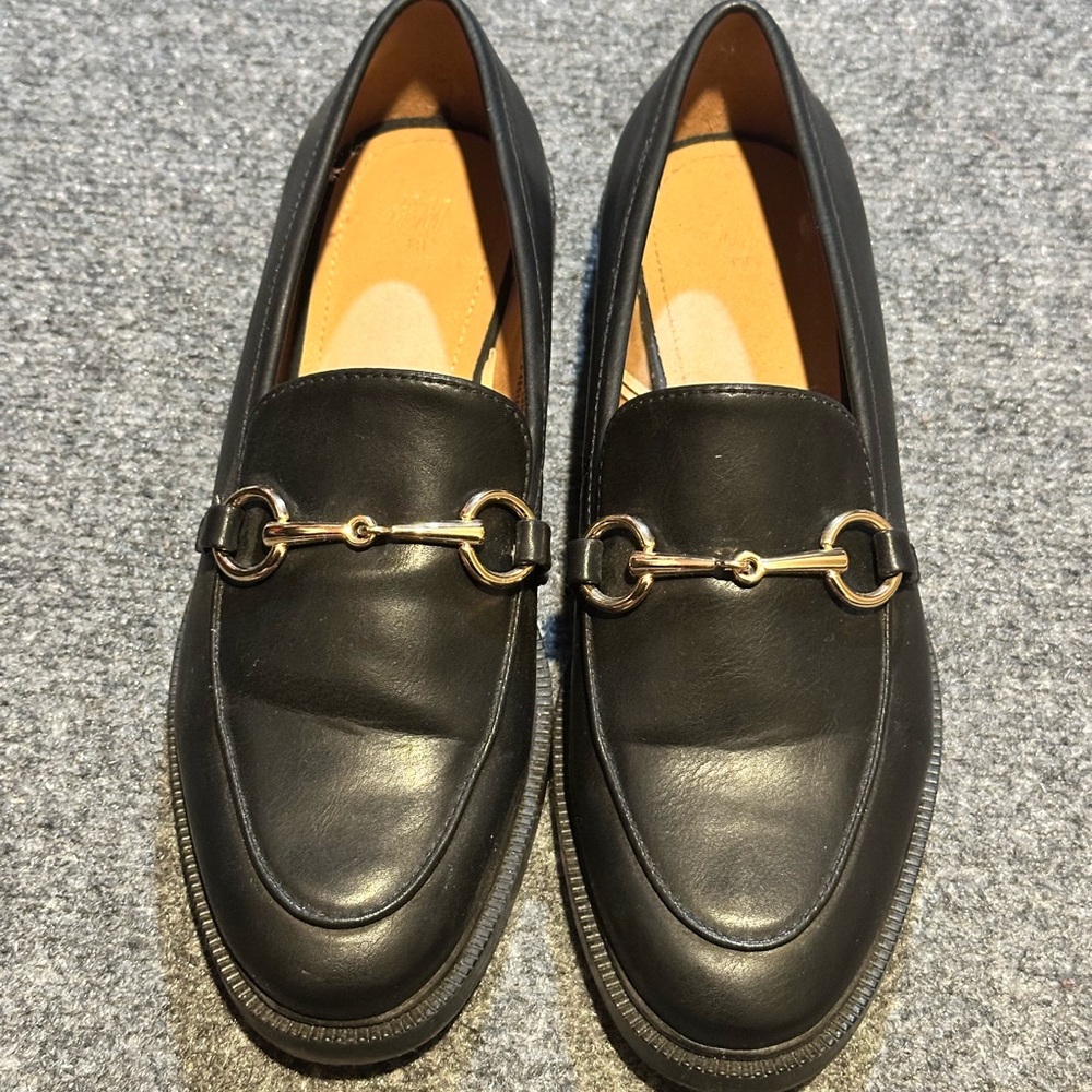 H&M Black Leather Loafers with Gold Accent